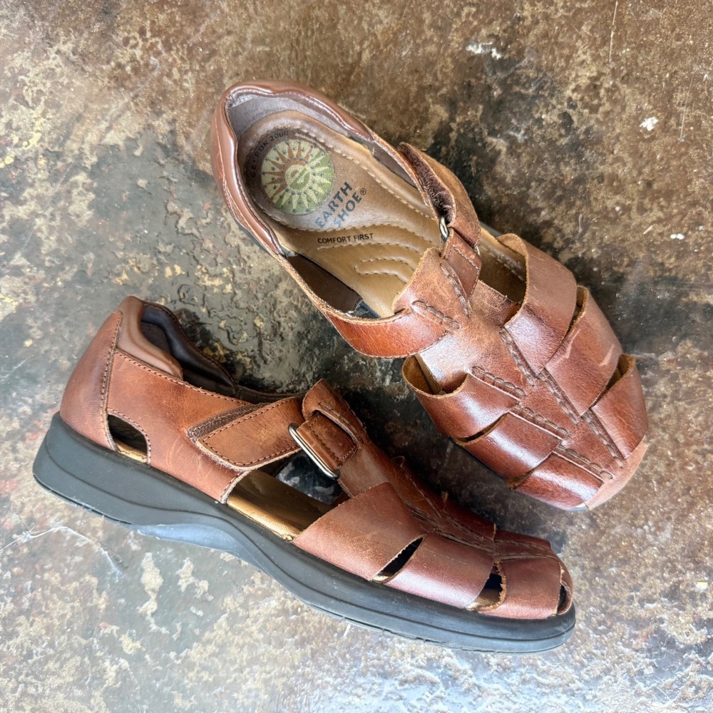 Earth Shoe Fisherman Sandals Leather Comfort Walking Shoes Caged Brown Womens 7W